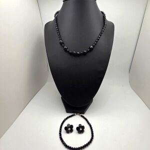 Beautiful Black faceted glass beaded Jewerly  by Trifari vintage signed Trifari